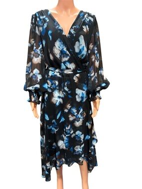 Polyester wrap dress, DKNY floral print long sleeve V- neck midi dress